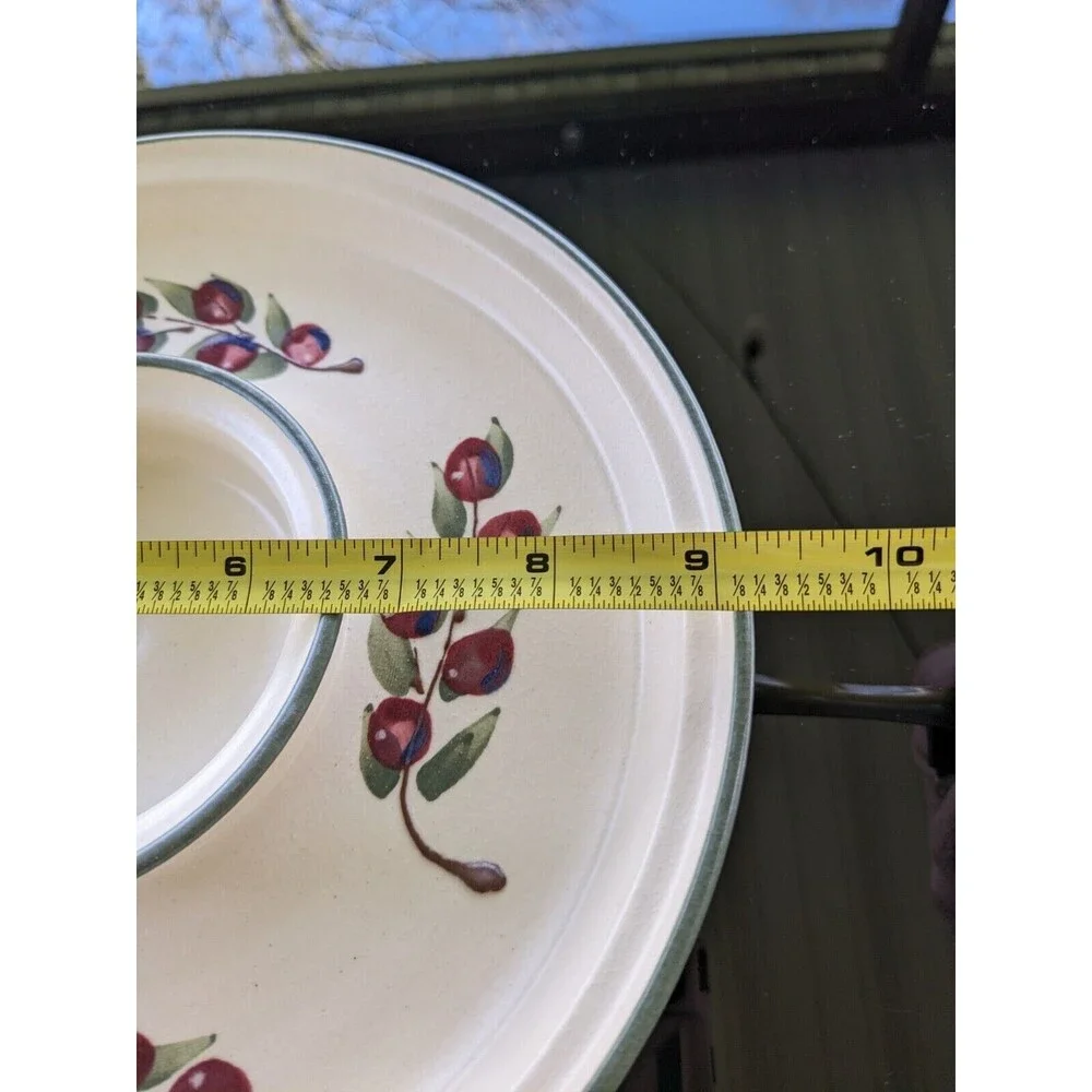 Cranberry Pottery Appetizer Dish With Bowl Attached for Dip Signed KTJ Red Cream